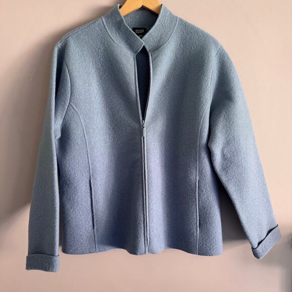 Eileen Fisher Powder Blue Boiled Wool Full Zip Mandarin Collar Sweater Jacket L - Picture 1 of 5